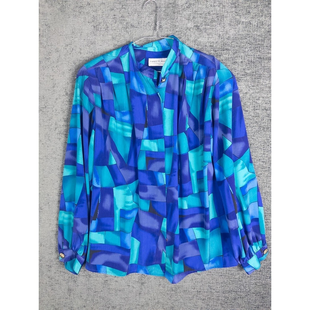 VTG Three Flaggs Blouse Womens 14 Aqua Blue Abstract Shoulder Paded